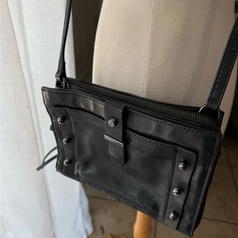Botkier Black Leather Crossbody Bag with Studded‎ Detail & Adjustable Strap